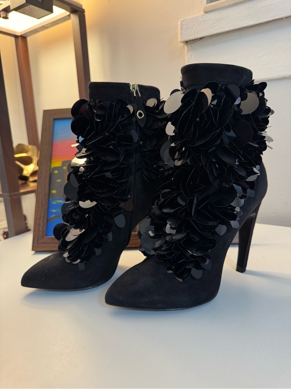 Louis Vuitton Black Sequin Floral Ankle Boots Heels Size 36.5